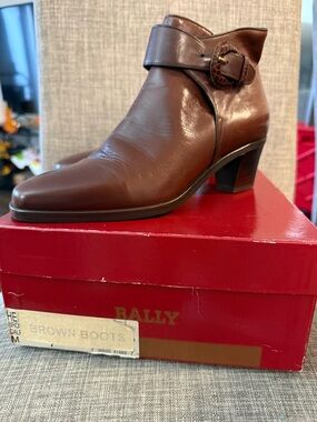 Bally Chestnut Brown Leather Ankle Boot with Buckle Strap